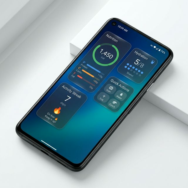 CalorieCalc home screen widgets showing calorie ring, water tracker, streak counter, and quick actions on an Android phone